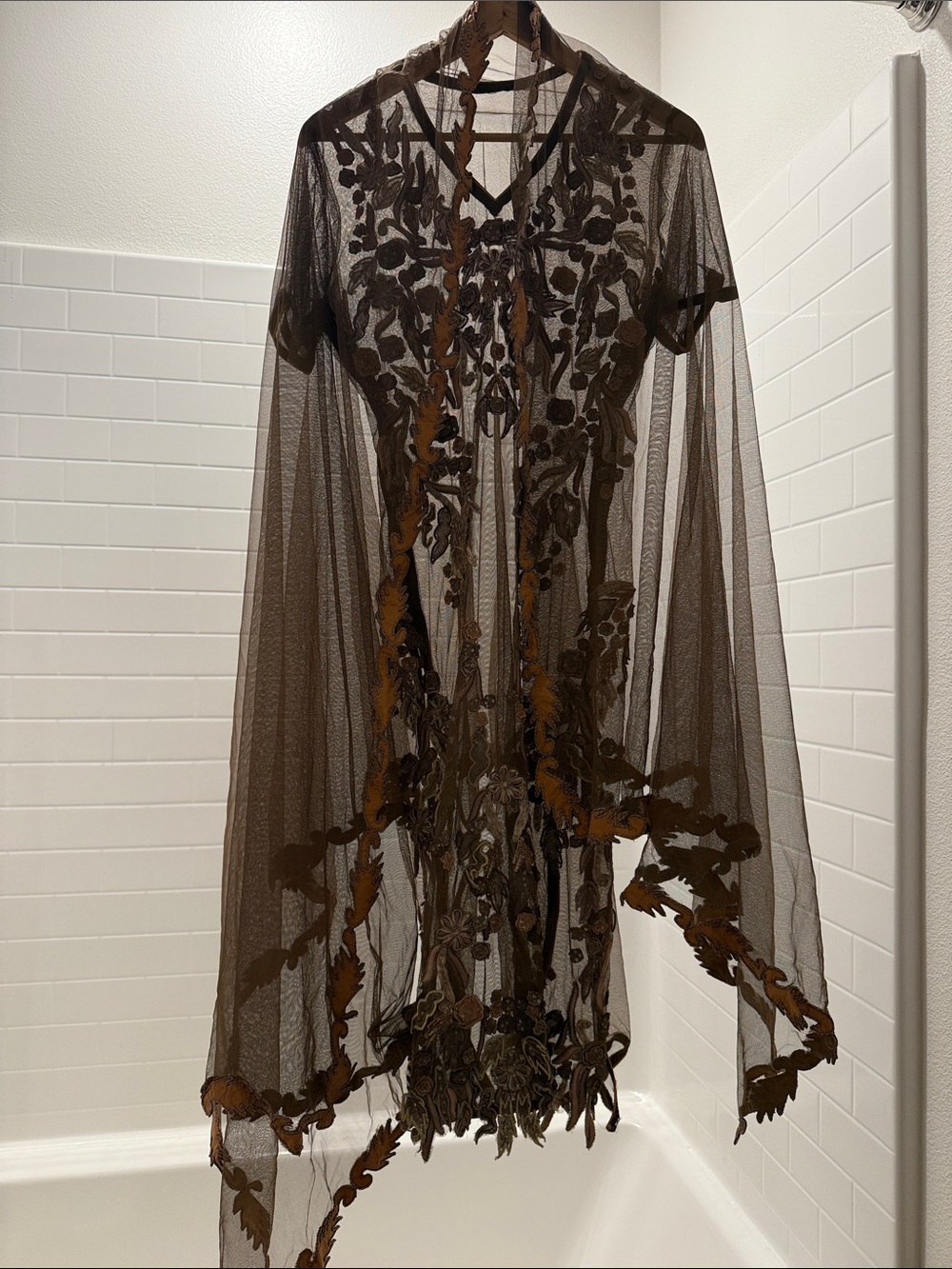 Sheer Embroidered Brown Lace Dress and Duster